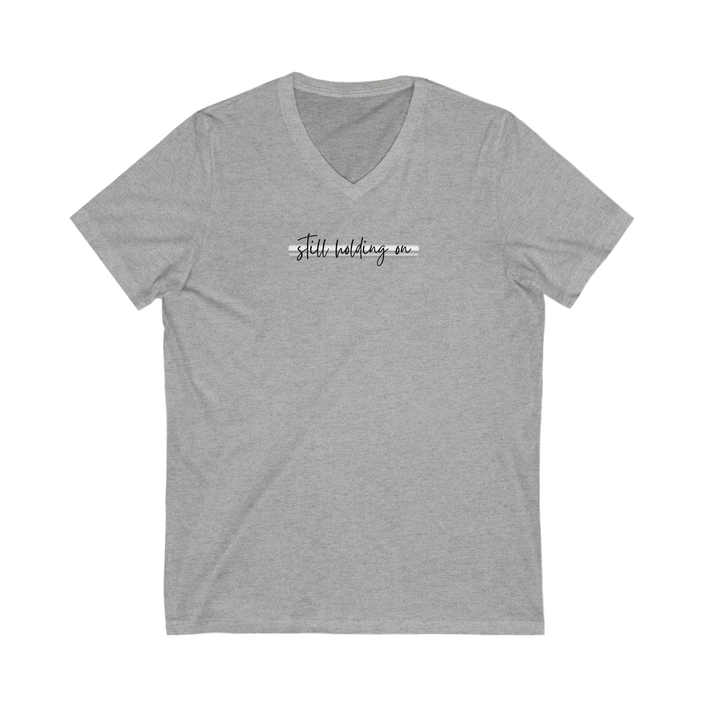 T-Shirt still holding on to the iron rod Unisex Jersey Short Sleeve V-Neck Tee