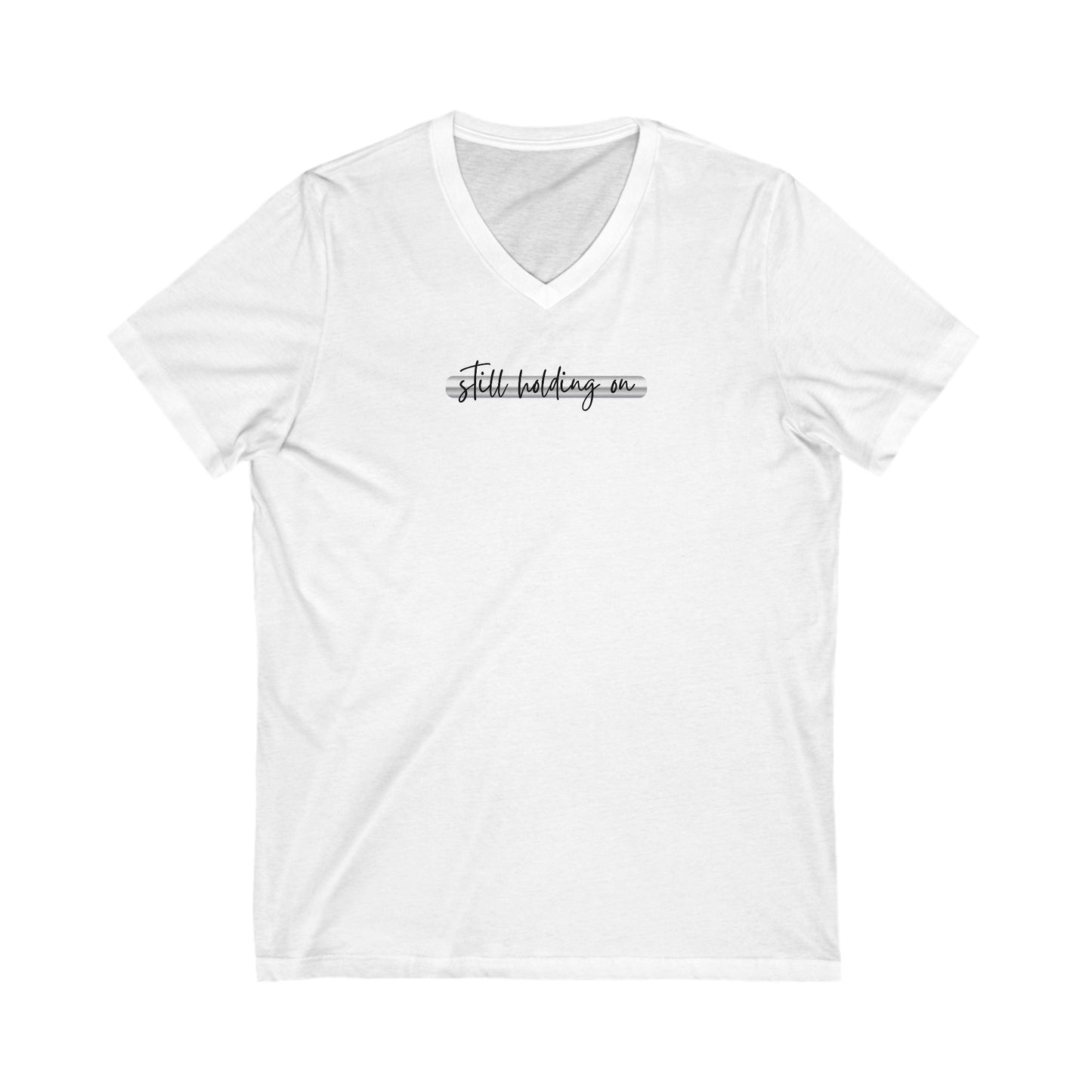 T-Shirt still holding on to the iron rod Unisex Jersey Short Sleeve V-Neck Tee